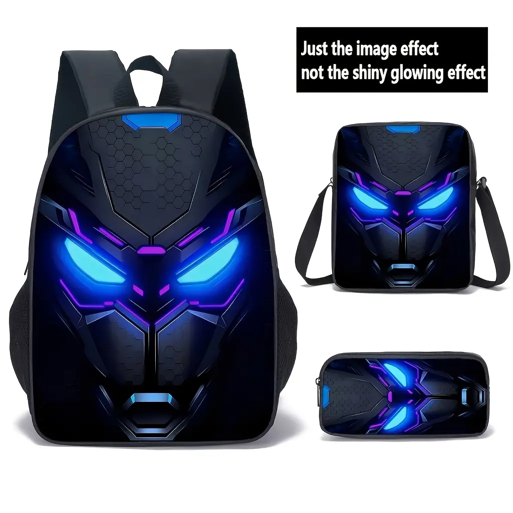 Black Panther 3-Piece Backpack Set with Neon Blue-Purple Glow Mask Print, Oxford Cloth Daypack with Adjustable Padded Shoulder Straps + Crossbody Bag + Pencil Case for Back to School Haul, First Day of School Superhero Fans, Black Panther Mask, 3-Piece Se