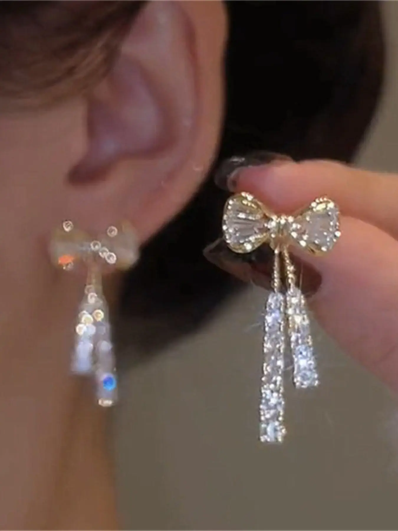 Elegant Bow Crystal Pendant Fashion Dangle Earrings Set, Luxurious Sparkling Zirconia and Long Fringe, Perfect Jewelry Gift, 2 Pieces