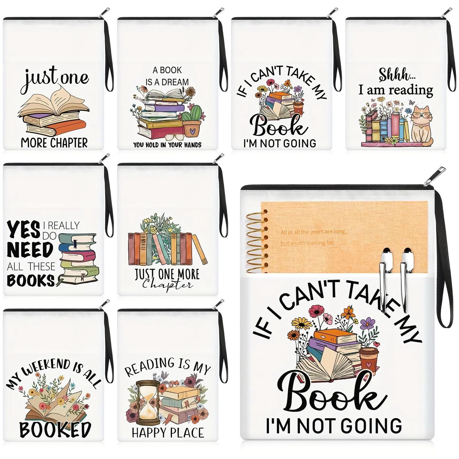 8pcs Book Club Gifts Book Pouch Sleeves Bulk With Zipper And Pocket Paperback Sleeve For Librarian Lovers Bookish Group Club Gifts, 11 X 8.7 Inch