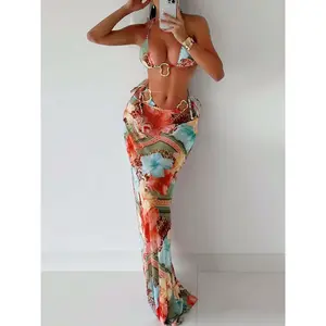 Women’s sexy bikini set, long dress three-piece swimsuit, contrast lace design, wireless binding, all-season wear, beach bathing suit