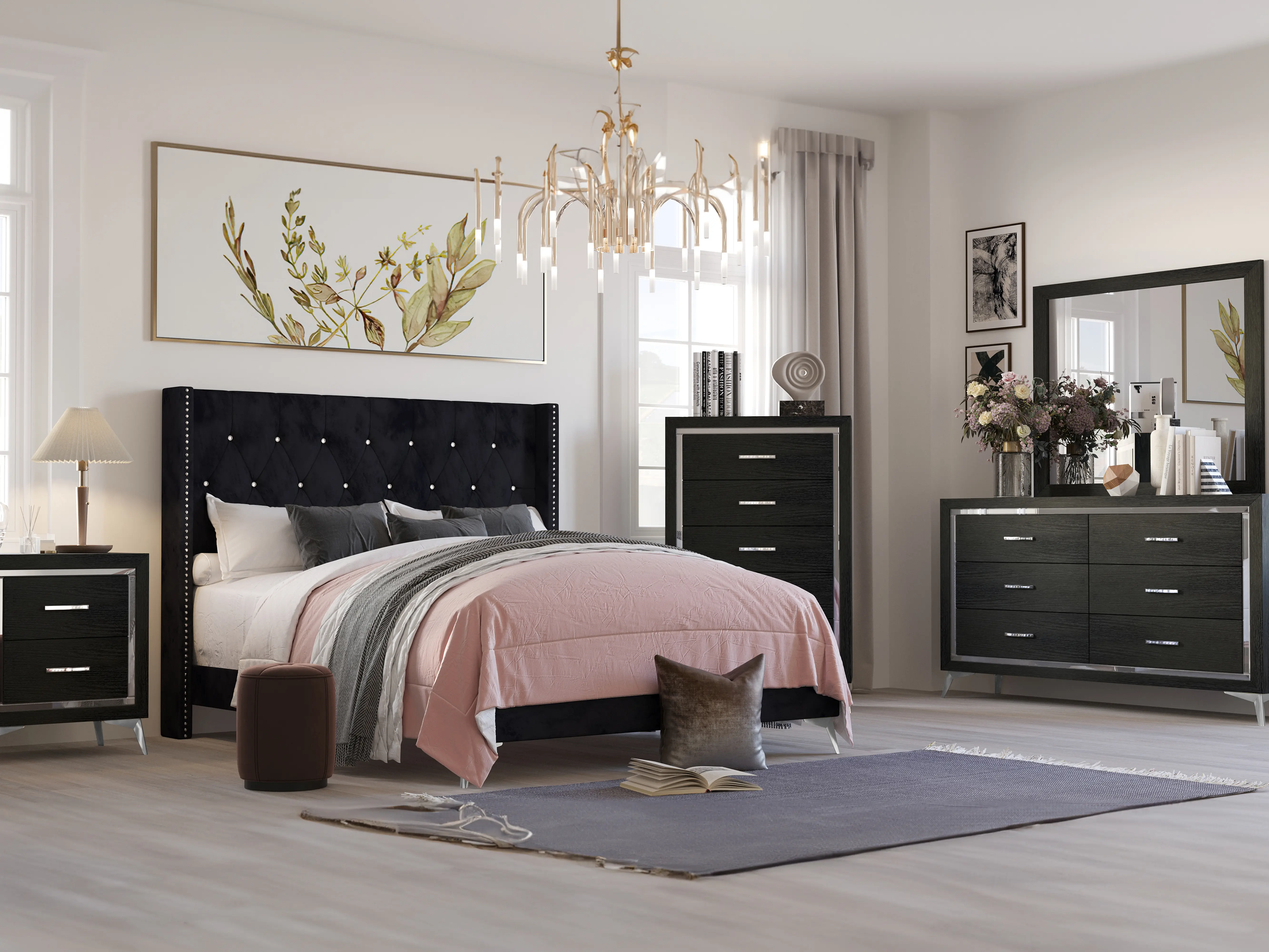 00-3365-4PC 4 pc Huxley black finish wood black fabric upholstered tufted headboard queen bed set silver accents