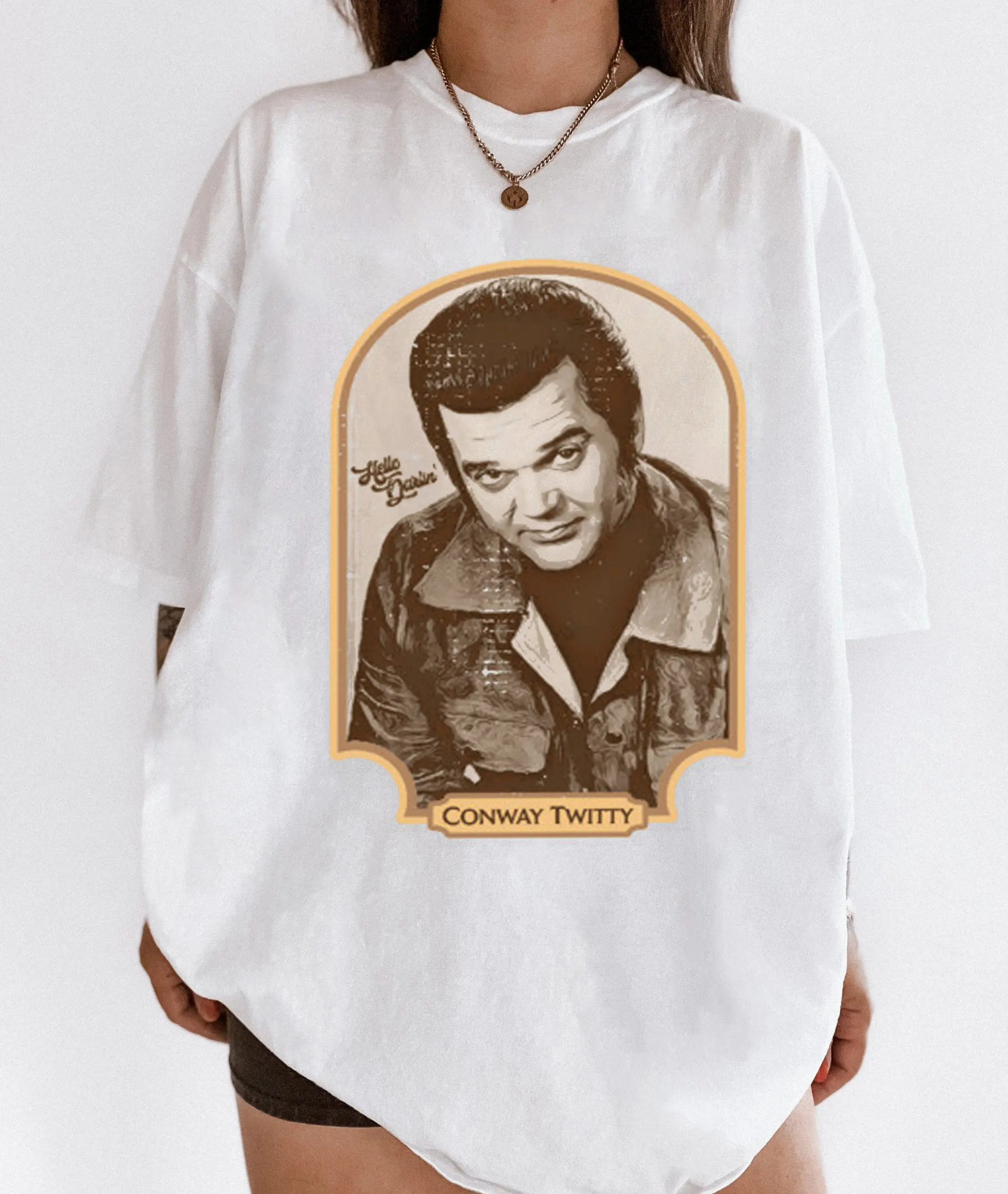 Women's Conway Twitty T-Shirt, Oversized "Hello Darlin'" Graphic Print Streetwear Top, Round Neck 100% Cotton Tee