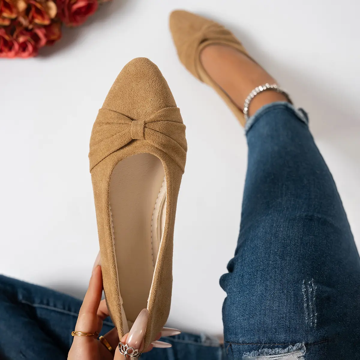 Women’s brown suede-look pointed-toe slip-on loafers—comfortable casual flats suitable for work, office, walking, jeans, and everyday wear.