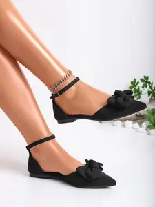 Elegant Black Pointed Toe Bow Flats with Ankle Strap, Comfy Non-Slip Flat Sandals for Work & Date, Women