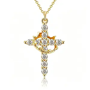 14K Gold Plated Crown Wreath Cross Pendant  Full Paved Cubic Zirconia Round Bead  Christian Religious Faith Y2K Gothic Charm  for Women Trend Jewelry Gift collar
