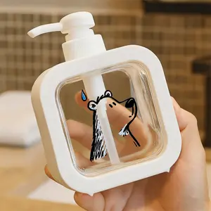 Simple Hand-Drawn White Bear with Black Outlines Grayish-Blue Shading, Blue Teardrop Water Drop Above Head - Cute Cartoonish Minimalist Sketch Bear Design, Pump Dispenser for Bathroom and Kitchen, Plastic Hand Soap Dispenser, Reusable Refillable Pump