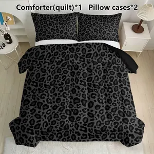 3pcs black leopard print U-shaped quilted duvet cover set (one blanket+2 pillowcases, excluding pillow core), made of polyester material, wear-resistant, bedroom series, single bed, double bed, multiple size options Bedding Sets