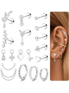 18 Pcs Helix Piercing Jewellery Copper With Surgical Steel Post Earrings Set, Stud Earring Jewelry, Hypoallergenic Flat Back Earring Stud Helix Hoop with CZ Charms Cartilage Earrings Silver/Gold Piercing Jewellery 20G Heart Shaped Earrings Ear Studs