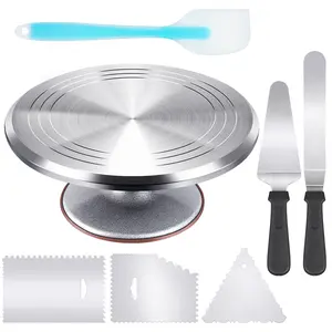 Kootek Aluminium Alloy Revolving Stand 12" Cakes Turntable with 12.7" Angled Frosting, 3 Comb Icing Smoother, Silicone Spatulas Pie Server/Cutter Baking Decorating Tools