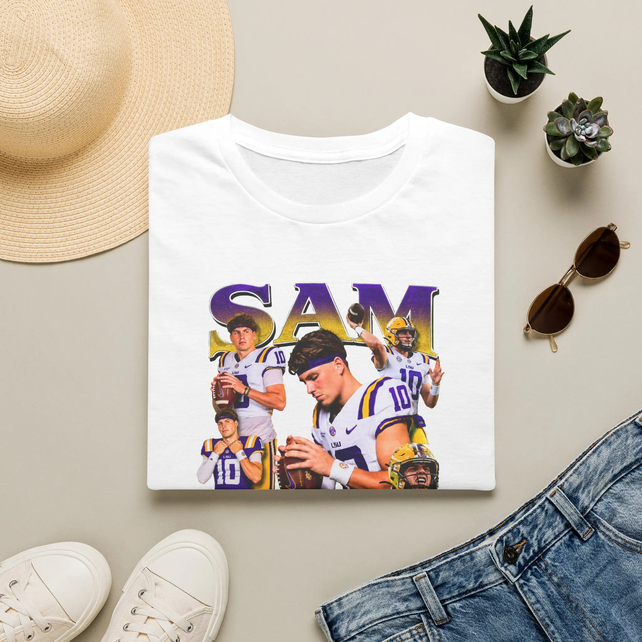 Sam Leavitt Collage T-Shirt | Football Player Portraits, Purple Gold