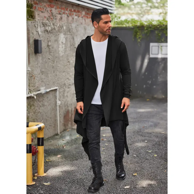 COOFANDY Menswear Long Sleeve Hooded Cardigan - Ruffle Shawl Collar, Open Front, Lightweight Elastic Fabric Drape Cape Overcoat with Pockets, Men's Tops, Casual, Comfy, Stylish