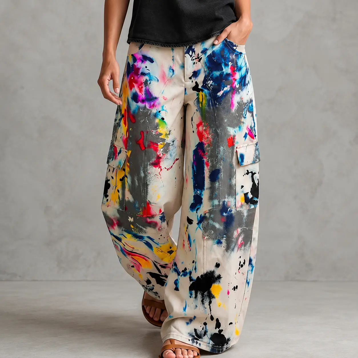 Women's High-Waisted Wide-Leg Jeans, Color-Block Graffiti Print, with Functional Pockets