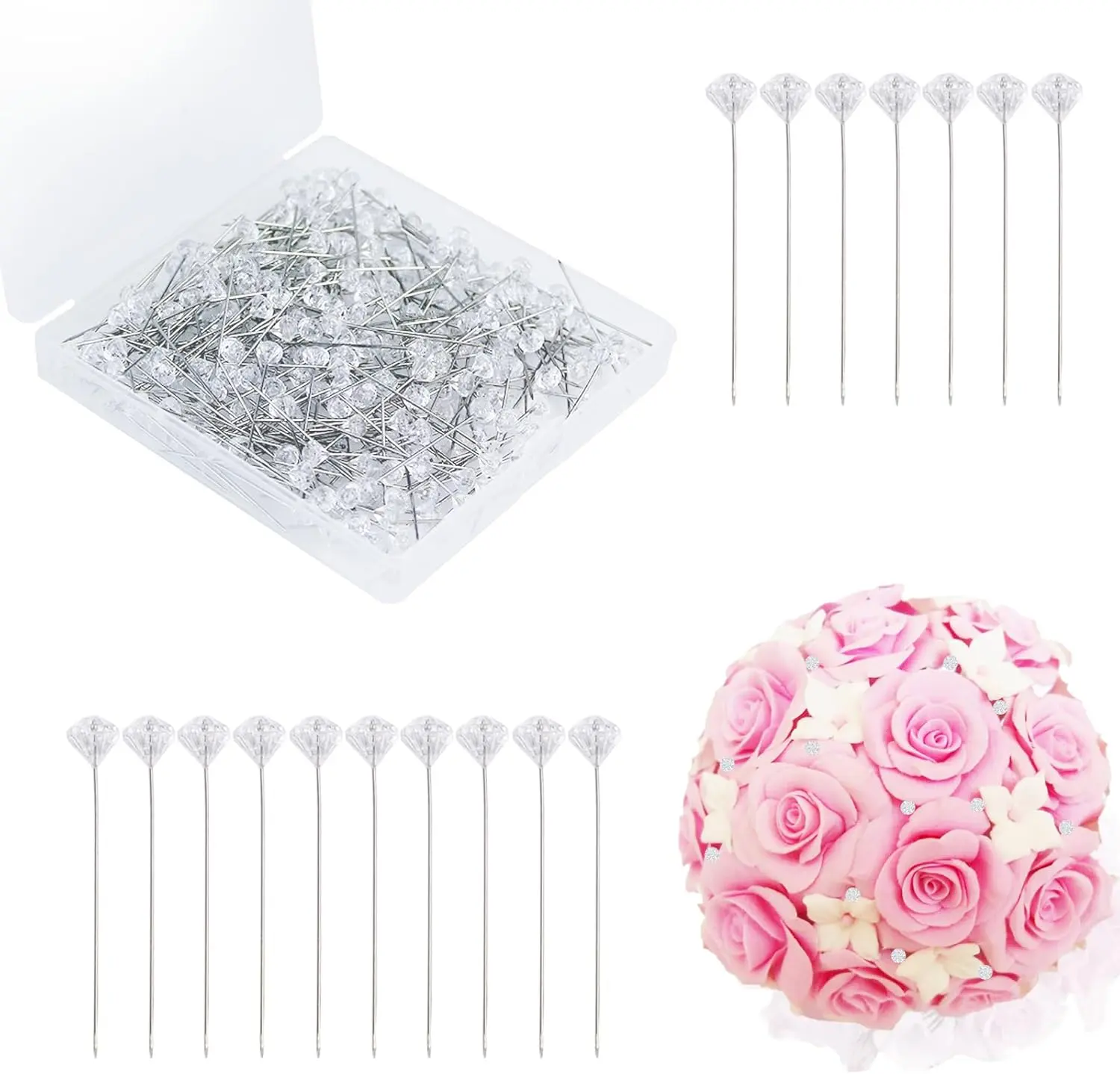 Corsage Pins, 300 count  Bouquet Pins,1.5 Inch  Rhinestones Floral Pins, Boutonniere pins for Flower Bouquets Wedding Bridal Hair Accessories  Decor DIY Craft Sewing