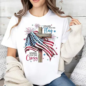 Patriotic Religious Design Women's T-Shirt Stand For The Flag Kneel For The Cross Flag And Cross Print Summer Casual Wear Gift For Christian Women