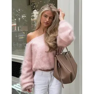 Women’s faux fur sweater, low round neckline, off-shoulder design, loose long-sleeved top, autumn and winter casual fashion