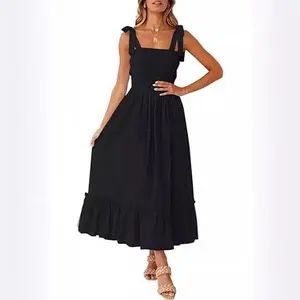 Women's 2025 Summer Boho Spaghetti Strap Square Neck Solid Color Ruffle A Line Beach Long Maxi Dress