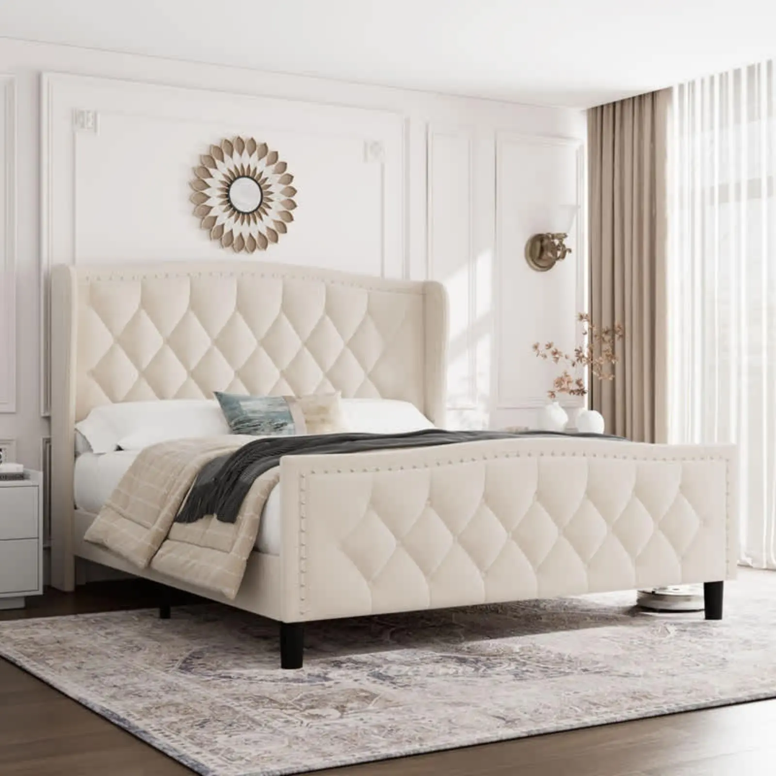 Gaomon Queen Size Bed Frame - Beige Upholstered Wingback Headboard Bed with 4 Storage Drawers, Charging Station (2 AC Outlets, Type-C & USB Ports), Diamond-Stitched Button Tufted, No Box Spring Needed for Memory Foam/Spring Mattresses, Steel Frame