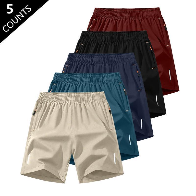 Men’S Solid-Color 5-Pack Shorts with Zippered Pockets—Casual, Comfortable, Breathable Summer Shorts for Everyday Wear; Men’S Casual Short Pant Set