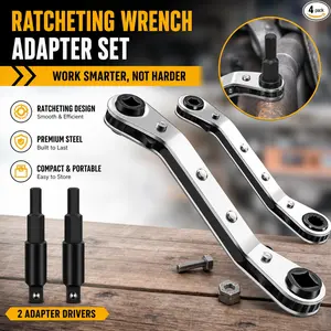 2pcs HVAC Service Wrench Set – 3/16" to 3/8" & 5/16" x 1/4" AC Wrench, with 2 Hex Bit Adapters for Air Conditioning and Refrigeration Equipment Repair, HVAC Tools for Technician