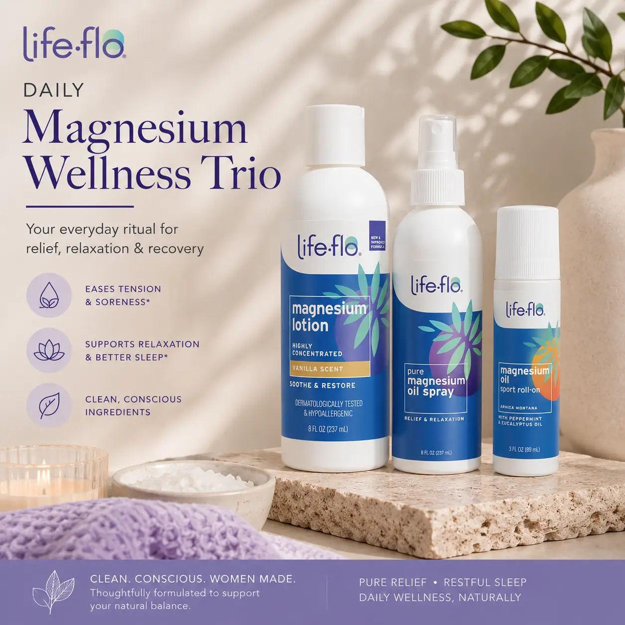 Life-flo Magnesium 3-Format Trio — Magnesium Lotion Vanilla + Pure Magnesium Oil Spray + Magnesium Oil Sport Roll-On — Daily Magnesium Routine