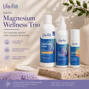 Life-flo Magnesium 3-Format Trio — Magnesium Lotion Vanilla + Pure Magnesium Oil Spray + Magnesium Oil Sport Roll-On — Daily Magnesium Routine