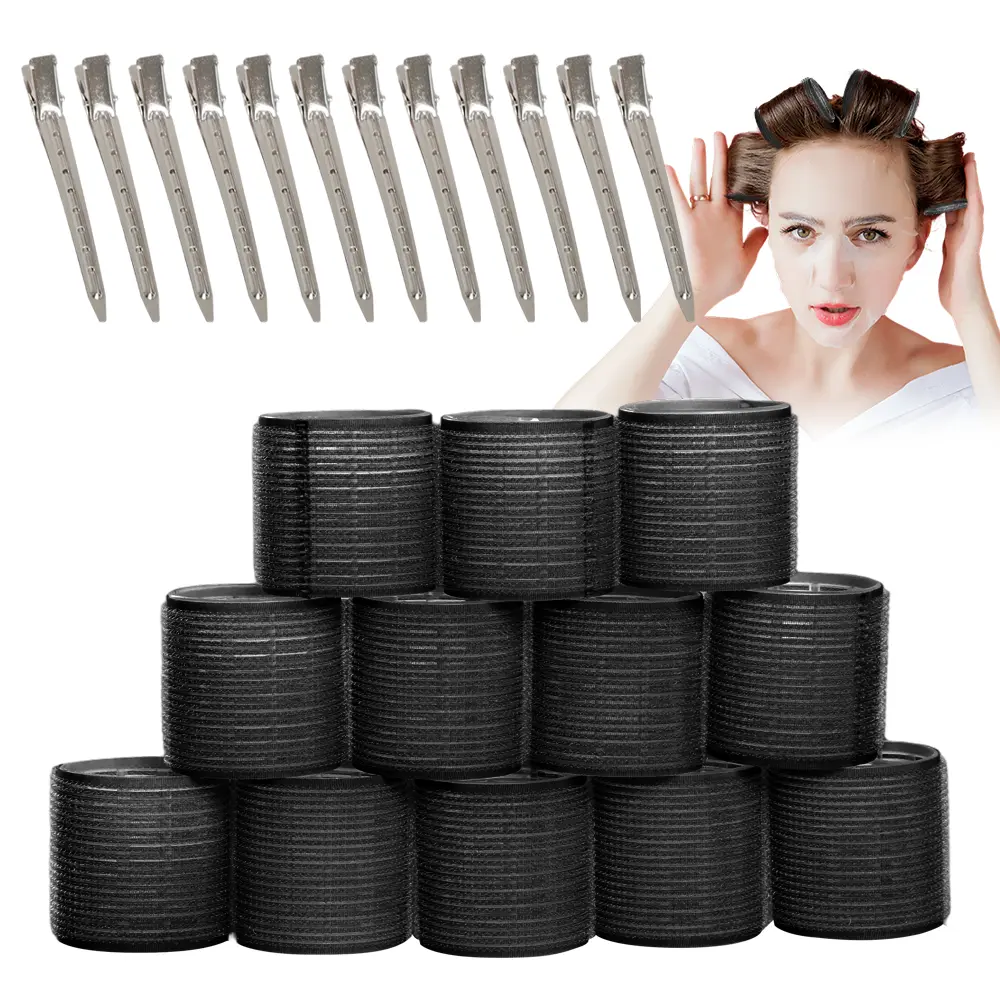 Large Hair Rollers Set with 12 Self Grip Holding Rollers and 12 Stainless Steel Duckbill Clips for Long Thick Hair Volume, Hairstyle Accessories