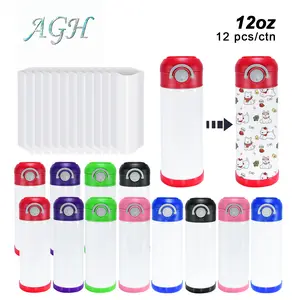 AGH 12pcs 12 oz Sublimation Kids Water Bottler Stainless Steel Tumbler with Flip Lids & Rubber Bottom & Shrink Wrap for Kids School Gifts