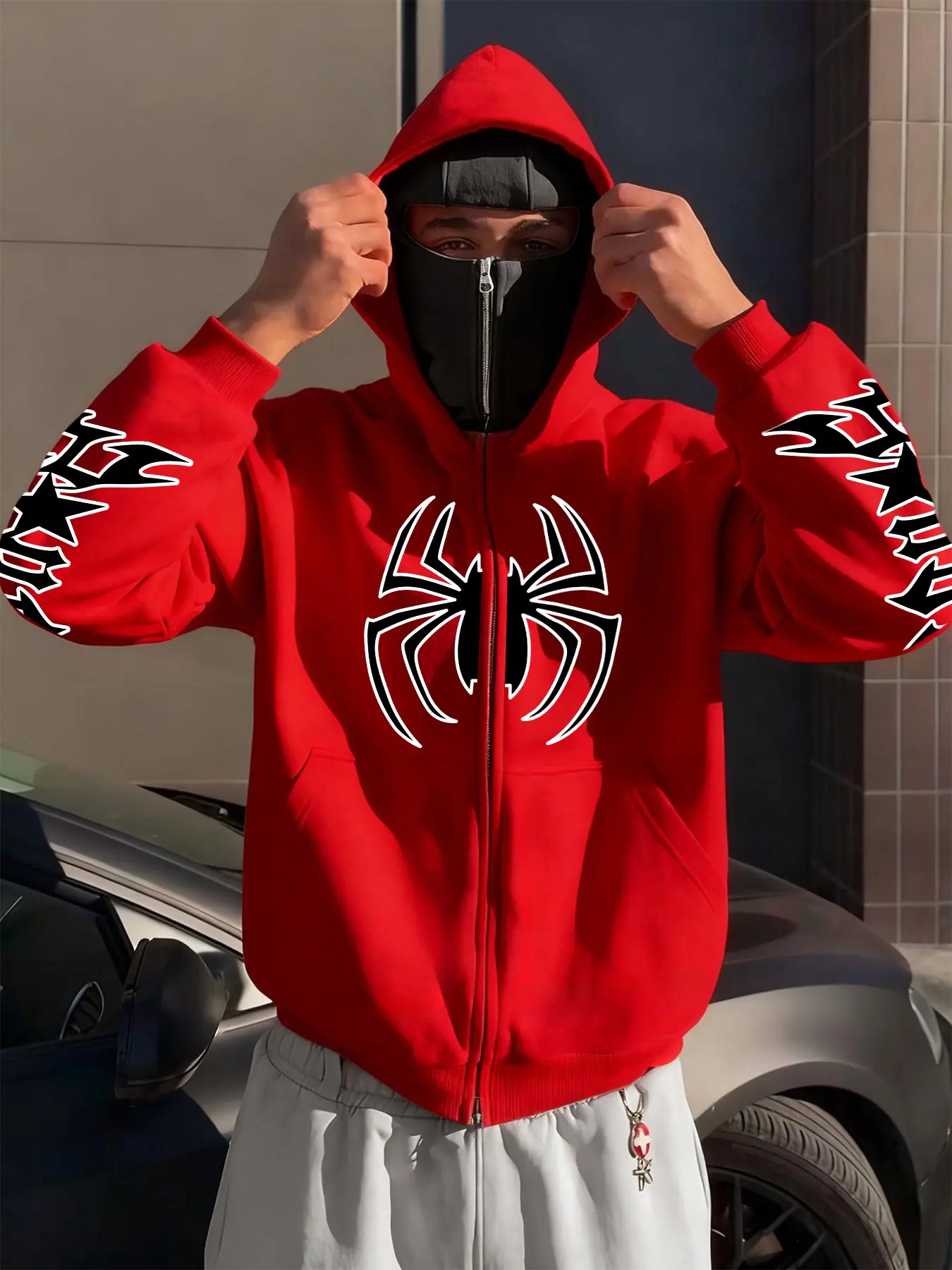 Men's Ninja Hoodie Y2K Sportswear, Fitted Long Sleeves Graphic Spider Print Streetwear Face Mask Sweatshirt, Windproof Double Layer Hooded Jacket, Casual Print Hoodie, Menswear