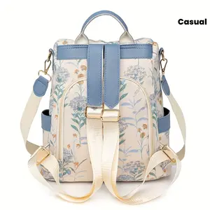 Flowers Oxford Canvas Women's Backpack - Large Capacity Casual Backpack with Adjustable Straps, Light Brown/Red/Blue, Perfect for Commuting and Daily Use, Commuter Backpack |   Women's Backpack |   Adjustable Backpack