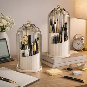 Pen Holder Organizer with Lid,360 Rotating Clear Dustproof Desk Organizer for Pens, Pencils & Office Supplies