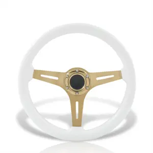 Universal 350mm Heavy Duty Steel Wood Grain Style Steering Wheel Gold Center White Wood