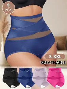 High Waisted Underwear for Women, 4 Pcs Lucky Logo Embellished, Cross Ventilation Mesh Briefs, Breathable Lightweight, All Season Panties