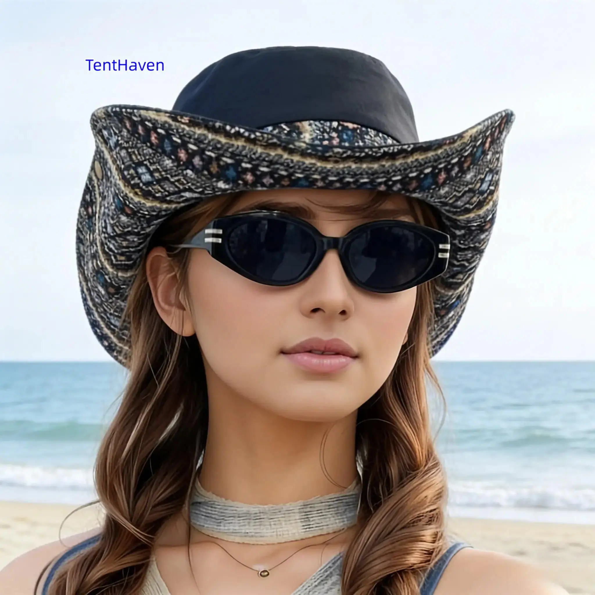 Women's Bohemian Embroidered Sun Hat with Two-Way Design—Ethnic Style Hat with Windproof Strap and Wide-Brimmed Sun Protection, Suitable for Outdoor Activities, Hiking, and Tourism.