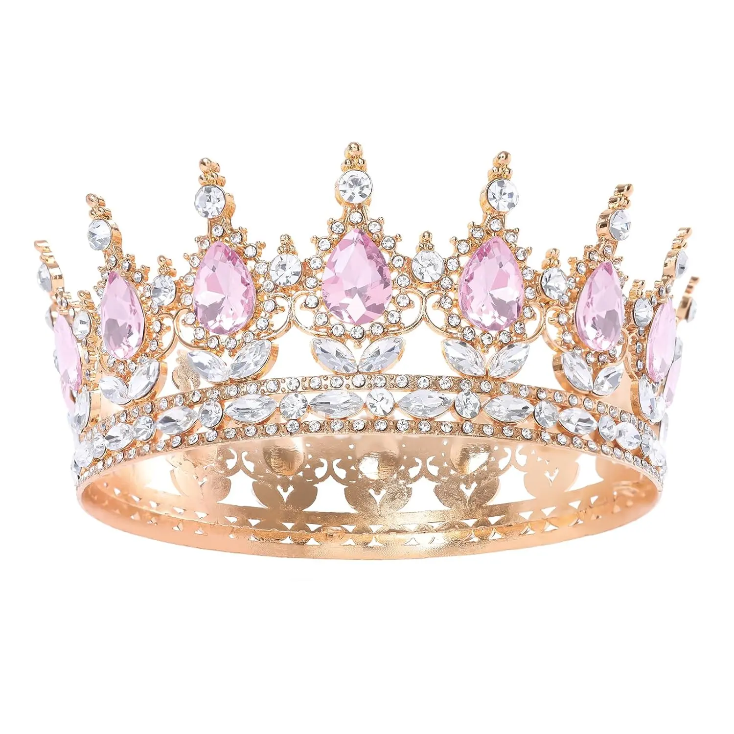 Handmade Gold Royal Pink Elegant Tiara with Sparkling Crystal Rhinestones - Kids' & Female Prom Hair Accessory, Bridal Quinceanera Birthday Crown for Graduation Events, Quinceanera Crown, Bridal Accessory, Birthday Crowns