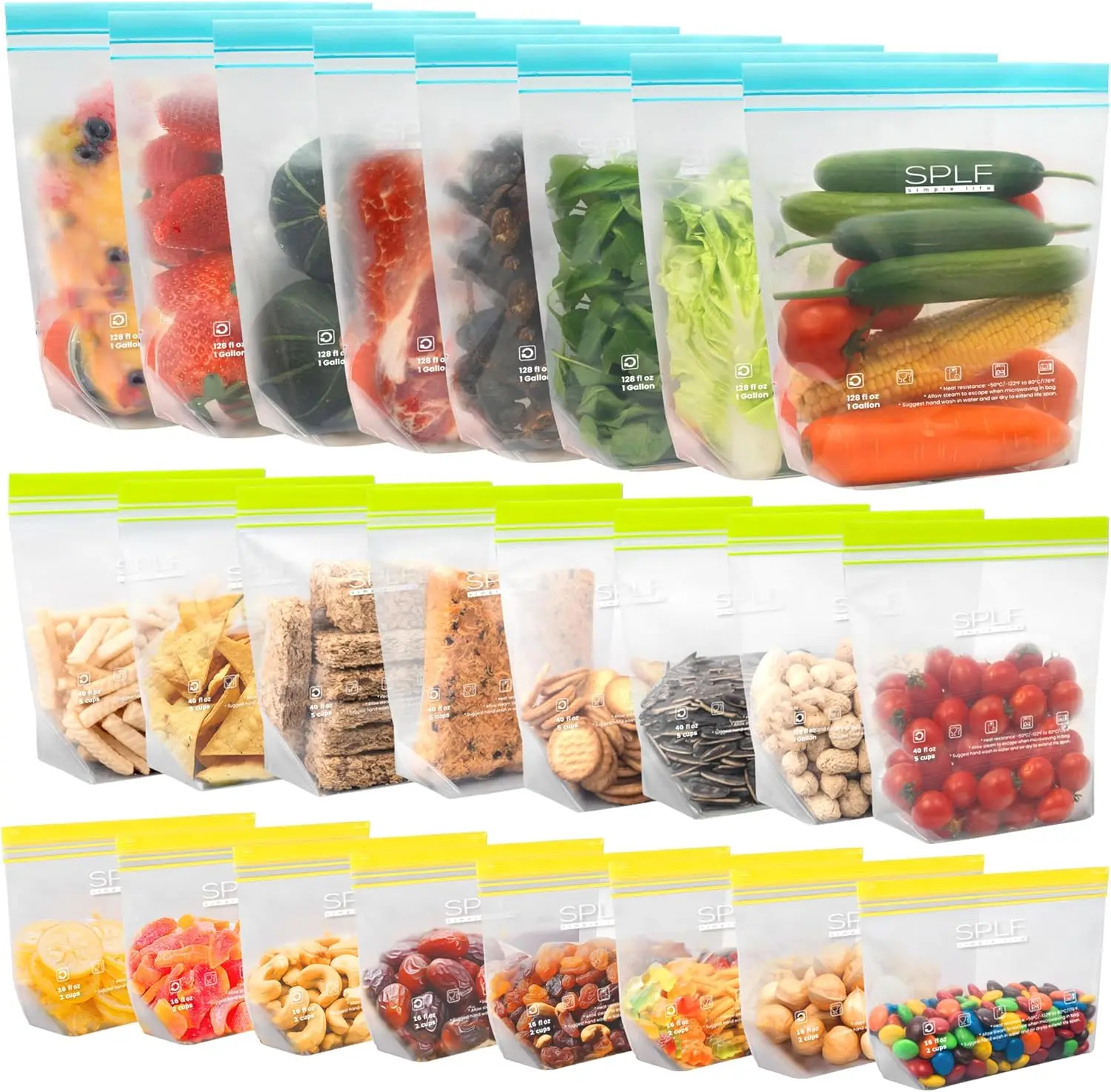 SPLF 24 Pack Reusable Food Storage Bags Dishwasher Microwave Safe | BPA Free Reusable Freezer Bags, Silicone Free Containers for Meal Prep, Fridge Home Kitchen - 8 Gallon 8 Sandwich 8 Snack