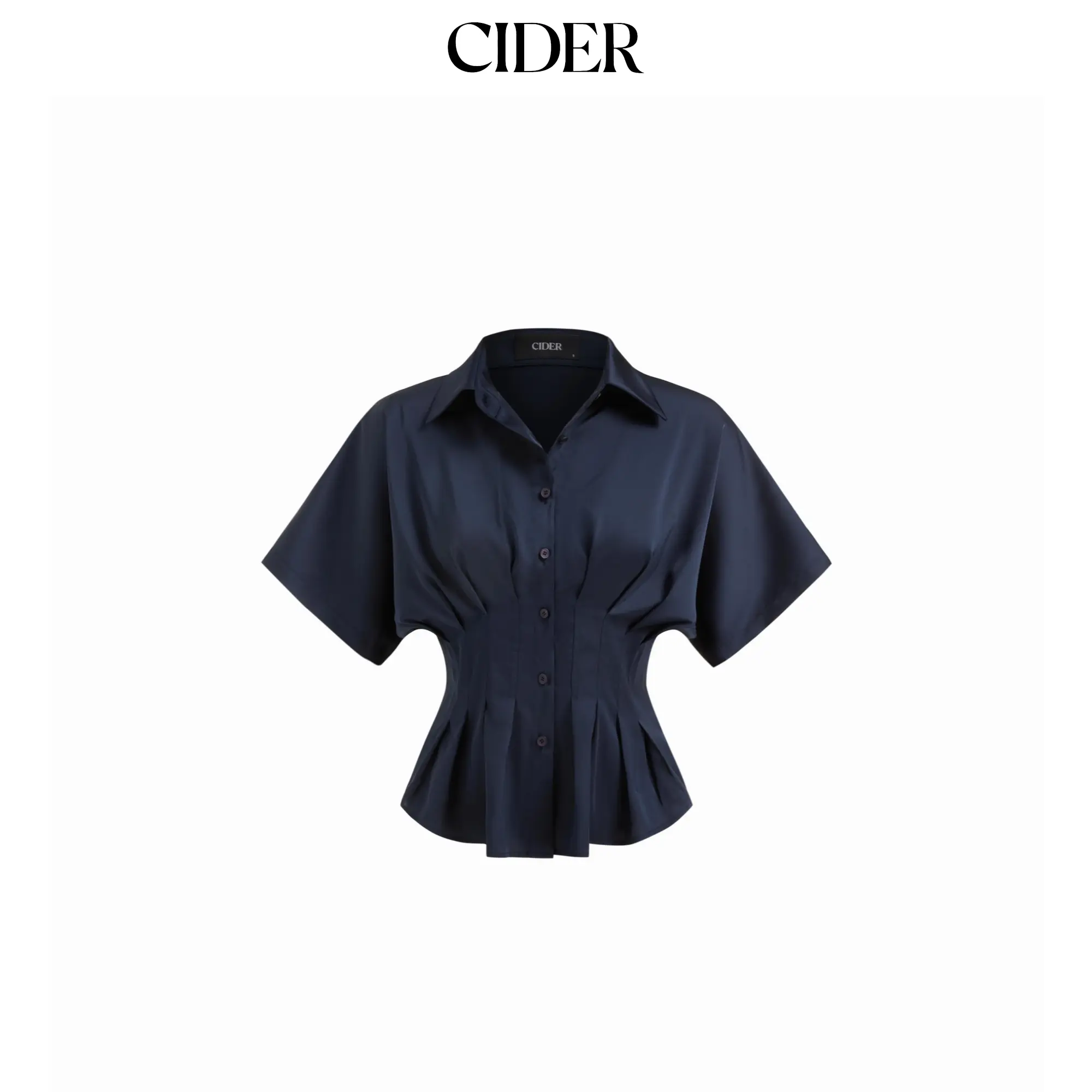 Cider Women's Satin Collared Pleated Fitted Casual Short Sleeve Blouse, Stylish Cinched Tops for Daily Wear, Stain, Normal Type, Patch Pocket, Medium Cut