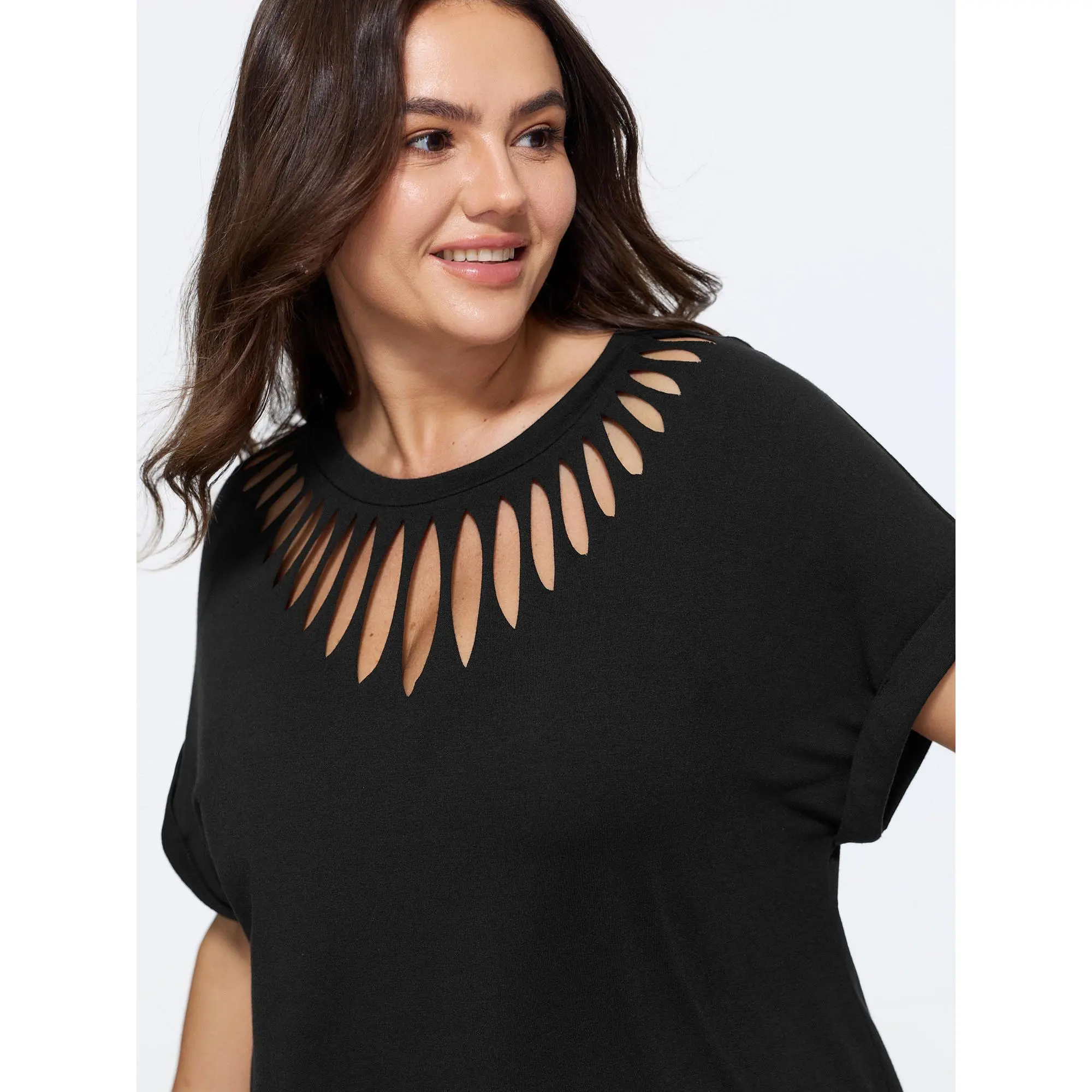 BloomChic Plus Size Supersoft Casual T-Shirt, a Basic Relaxed-Fit Spandex Garment with a Cut-Out Neckline and Dolman Short Sleeves, Fabric, Top, Tshirt, Lady, Women, Shortsleeve, Casual Wear, Cold Machine Wash, Dolman Sleeves