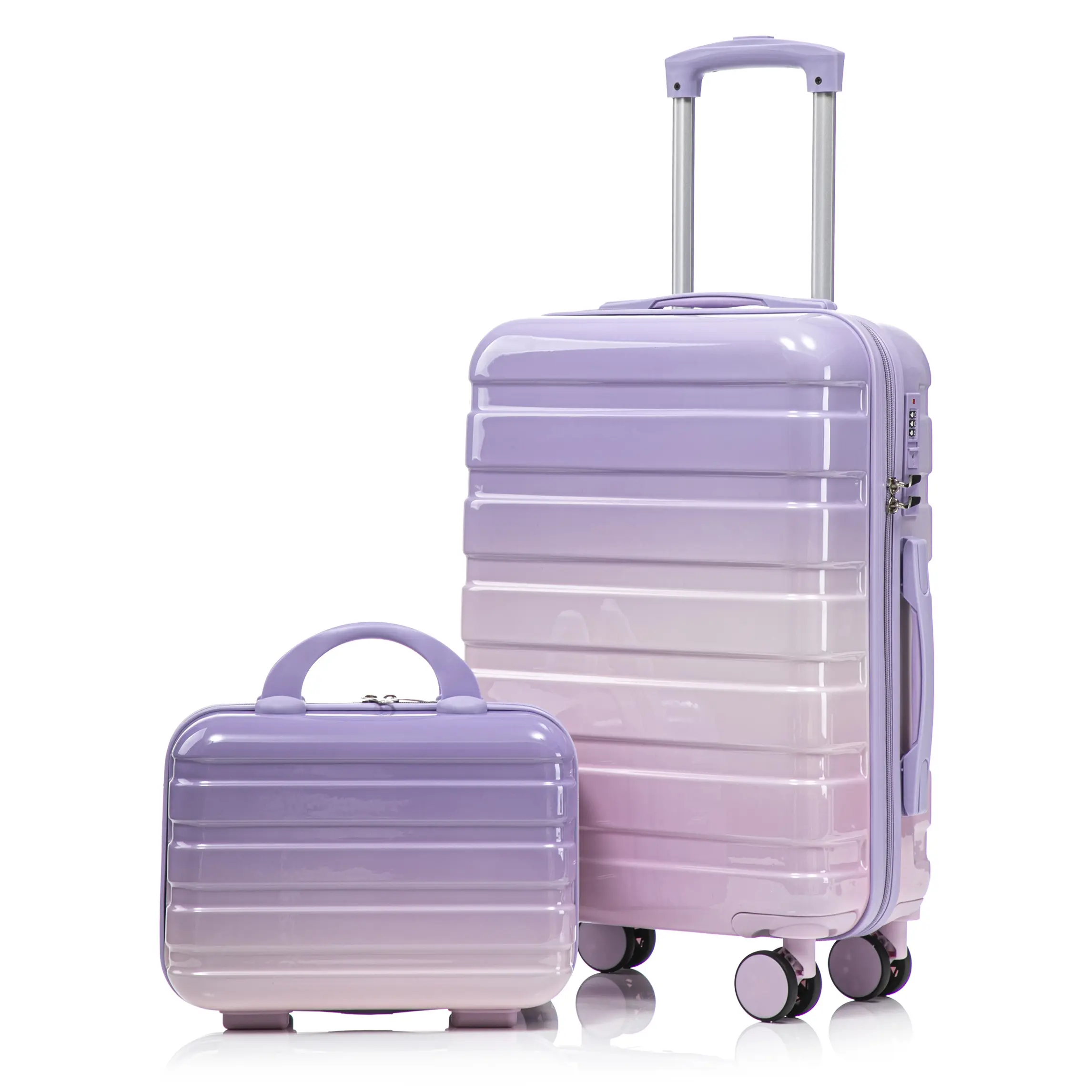 2Pcs Gradient Luggage Set ,14" Cosmetic Case + 20" Carry On Suitcase, PC Lightweight Hardshell Suitcase with Spinner Wheels & Combination Lock，Durable Weekend Vacation Luggage Set for Light Travel (Pink+Purple)