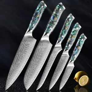 67-Layer Damascus Steel Kitchen Knife Set - 5-Piece Japanese Chef Knife Set with Authentic Deep-Sea Abalone Shell Handle, Luxury Gift Box - Senken Knives