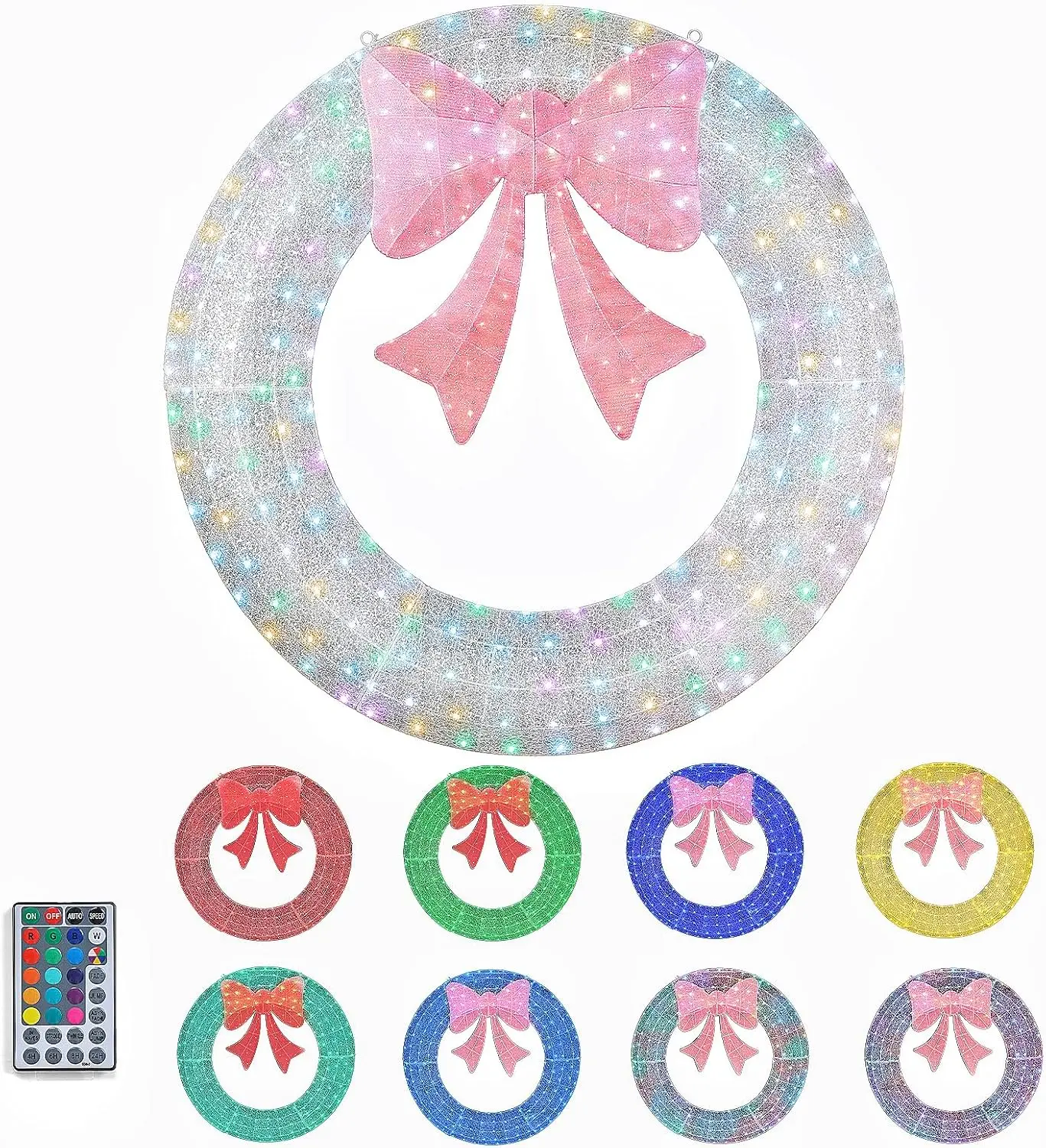 60in Colorful Round Prelit Outdoor Christmas Wreath Decoration - Large Silver Metal Wreath with Pink Bow, 280 RGB & Red LED Lights for Front Door, Porch Holiday Decor to Brighten Your Space, Light Up Your Space