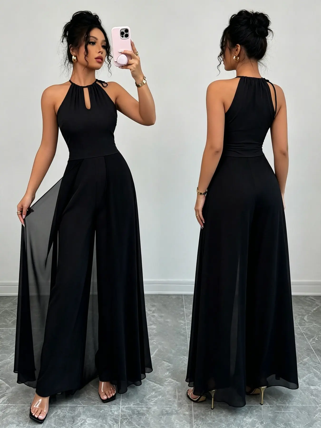 Women's Halter Neck Jumpsuit, Sleeveless Keyhole Cutout Top with Chiffon Overlay Wide Leg Pants, Elegant Formal Evening Party Jumpsuit Elegant Fashion Jumpsuit Elegance Womenswear