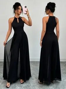 Women's Halter Neck Jumpsuit, Sleeveless Keyhole Cutout Top with Chiffon Overlay Wide Leg Pants, Elegant Formal Evening Party Jumpsuit Elegance Womenswear