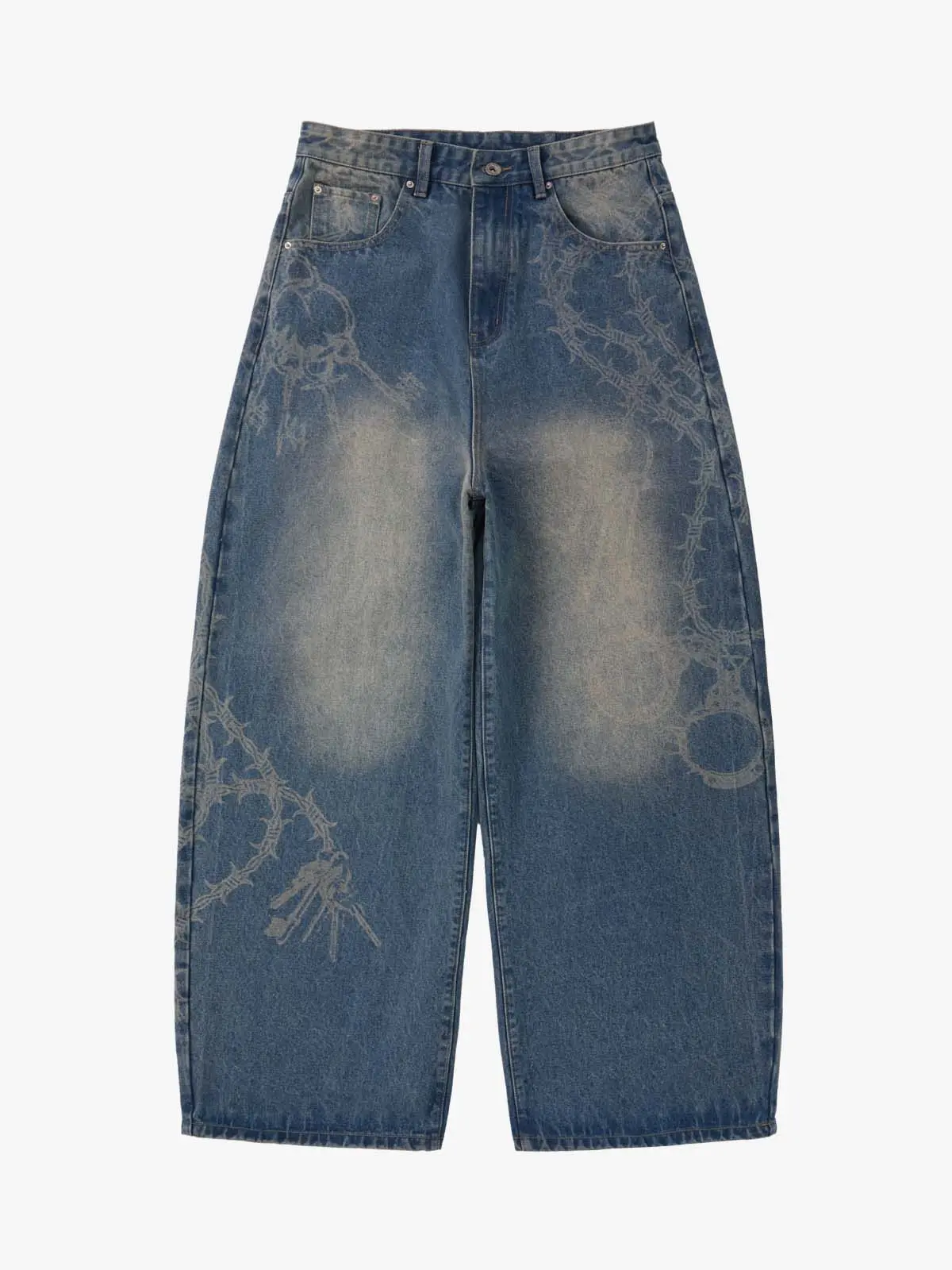 Supermade Men's Jeans with Thorn & Key Laser-Burnout Graphic, Retro Wash Baggy Denim in an Oversized Streetwear Fit, Menswear, Pants, Baggy Denim Style, Classic Retro Men's Jeans