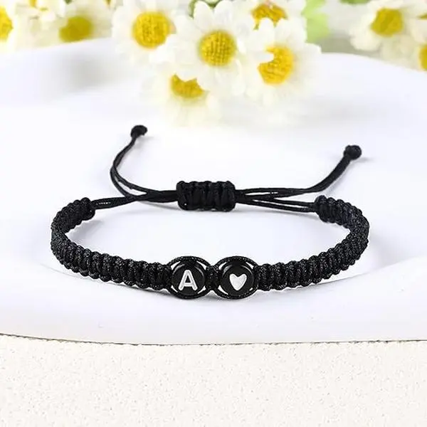 ultimate Unisex Handmade Friendship Bracelet, Black Braided Band with Acrylic Beads, Italian Resin Letter Charm and Chain Link, 20cm, Daily Wear, Handmade Braided Bracelets & Bangles, Chain Jewelry Bracelets & Bangles