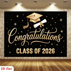 2D Flat, 2D Flat - 2D Flat, 2D Flat - A 2D Flat Banner Featuring a Luxurious Black Design for The Class of 2026, Adorned with a Golden Graduation Cap, Diploma, And Stars. This Polyester Backdrop Is Perfect