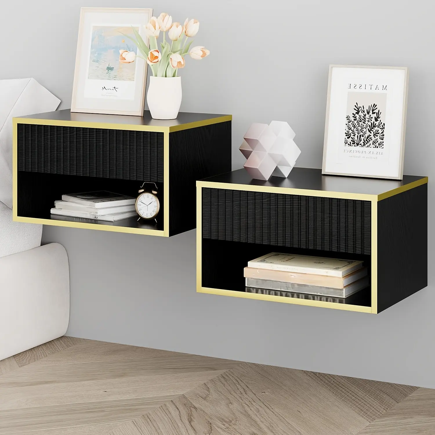[SummerWins] HOMBCK 1pc/2pcs 15‘’ Floating Nightstand Set of 2, Modern Wall Mounted Nightstand with Open Shelf and Fluted Drawer, Night Stand for Bedroom,Easy to install,White Gold/Black Gold summer garden#home essentials#back to school