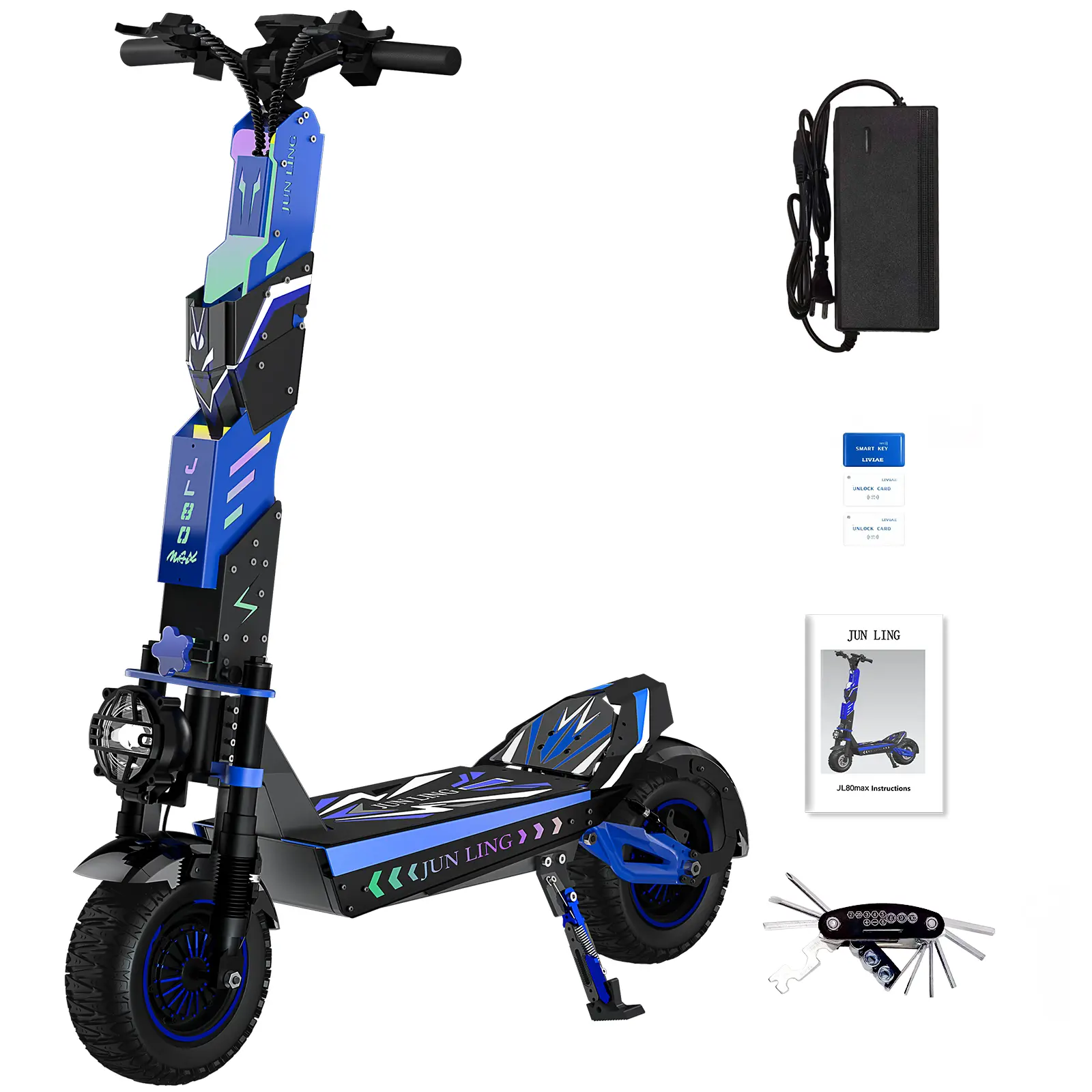 JL80Max Adult Electric Scooter, 2400W Dual Motor, 40 Mph Top Speed, 40-45 Mi Max Range, 60V/28.8AH Battery, Dual Suspension & Hydraulic Brakes, 12" Off-Road e-Scooter with Speaker, Portable Foldable Design