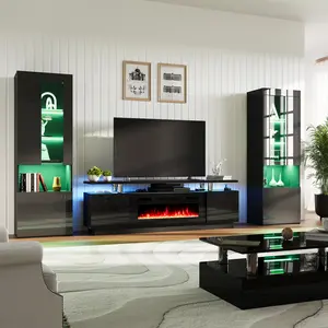 VanAcc Entertainment Center w Fireplace and Bookcases, Includes 70" 2-Tier Fireplace TV Stand with 36" Fireplace, 2 x Modern High Gloss Bookshelves