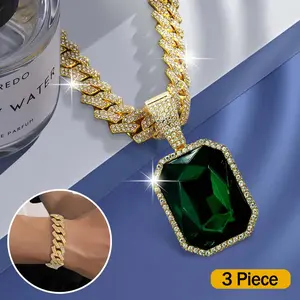 Hip Hop Cuban Chain Necklace with Gemstone Pendant Set, Couple Necklace, Durable Miami Bracelet for All Year Round, Suitable for Parties and Festivals