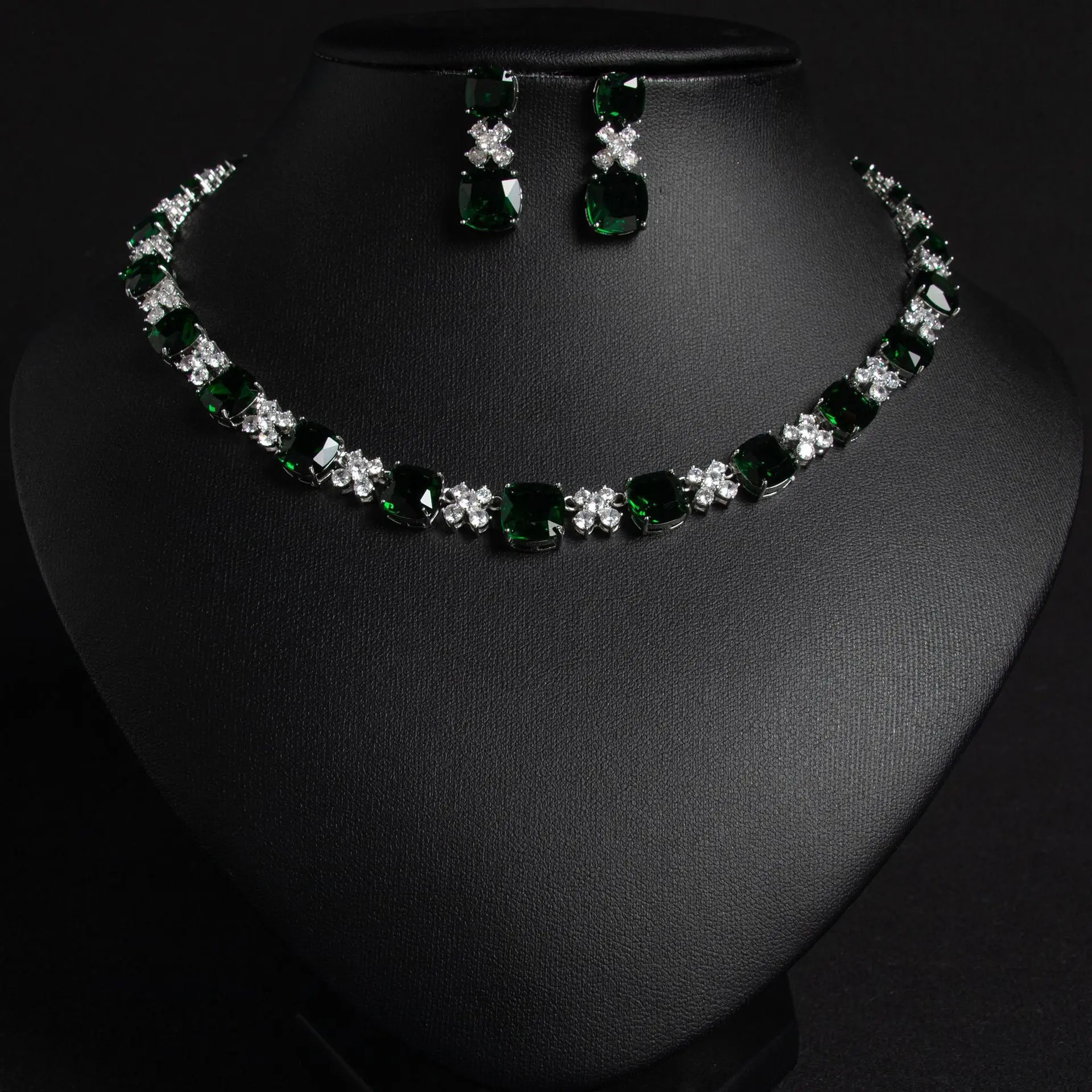 Female 2-Piece Cushion Cut Clustered CZ Accent Stones Jewelry Set - 5-Color Silver-Plated Drop Earrings & Choker for Bridal Wedding, Formal Party